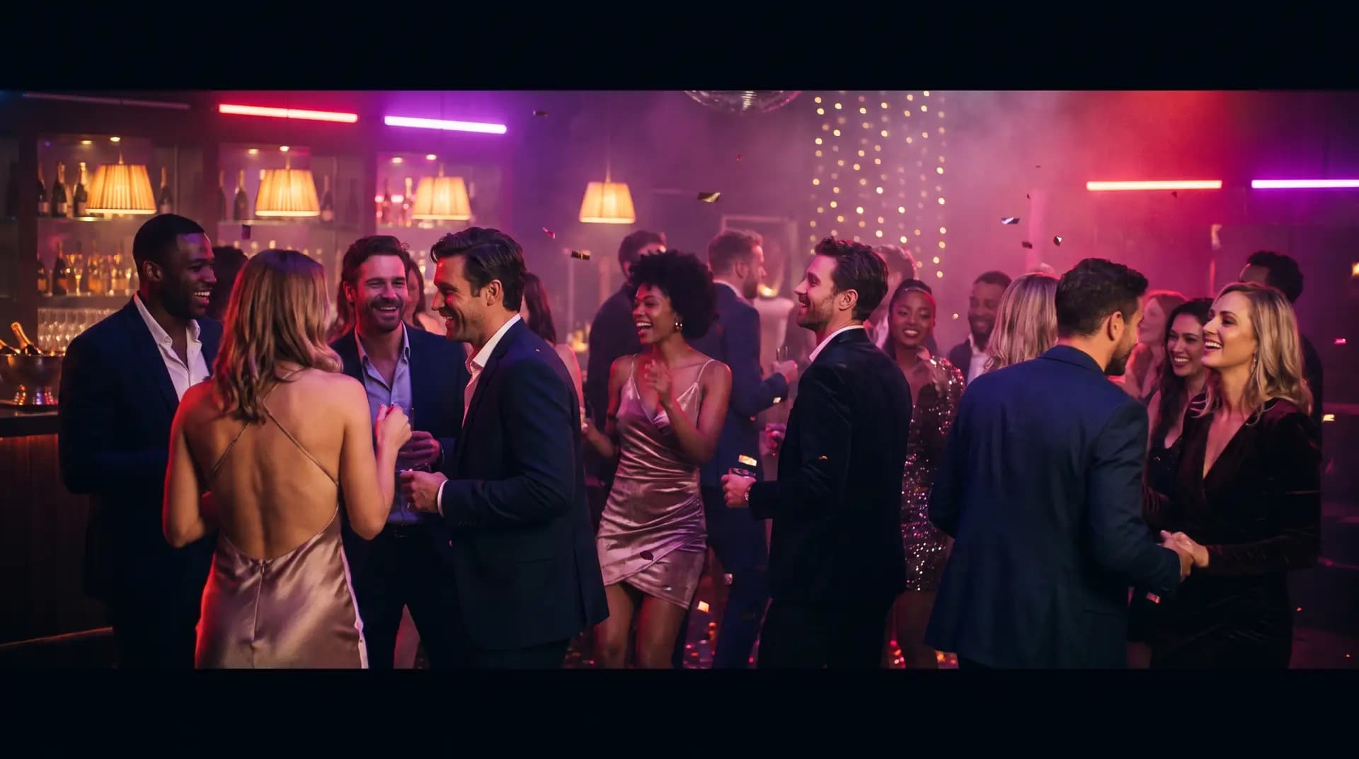 Guests in evening wear talking and dancing in a neon-lit lounge under a disco ball