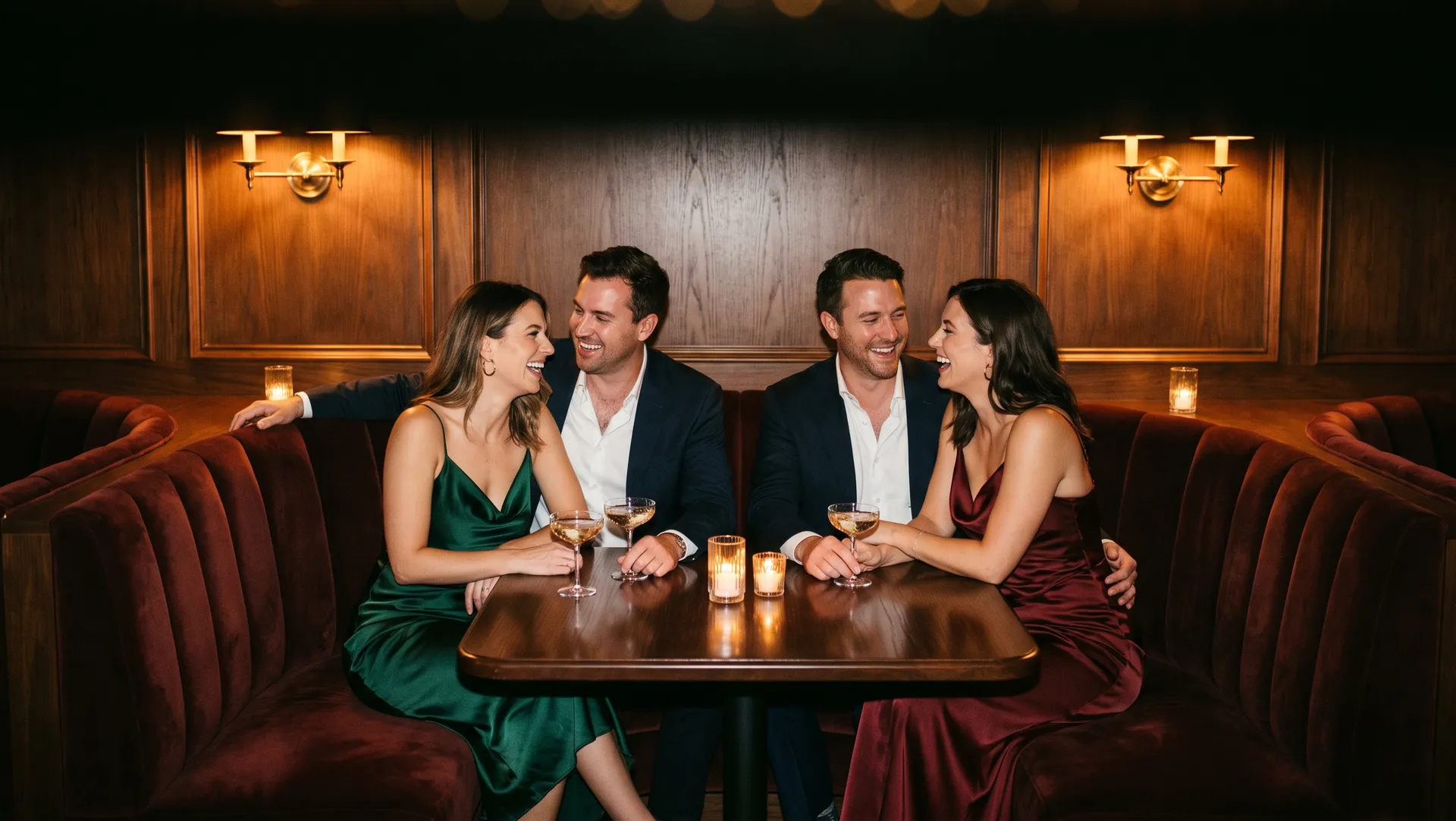 Two couples in evening wear laughing together over champagne in a candlelit private lounge